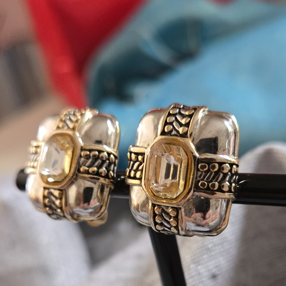 Two-Tone Clip Earrings Silver Tone Gold Tone Crystal 90's Designer Inspired - Picture 3 of 4